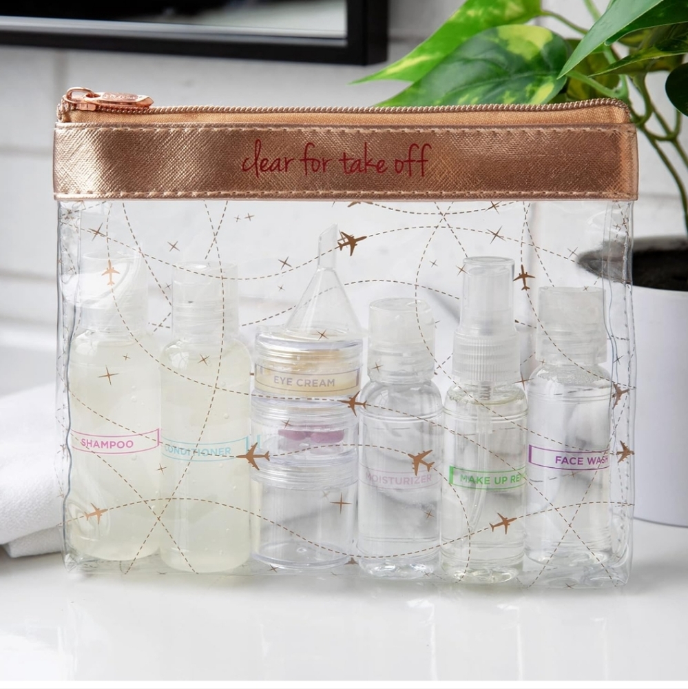 MIAMICA Rose Gold Women's TSA Compliant Travel Bottles and Toiletry Bag Kit